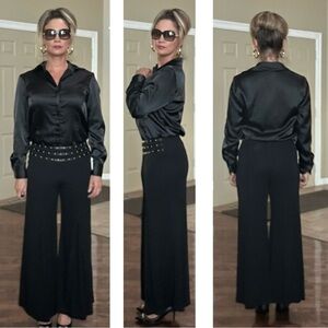 Joseph Ribkoff black wide leg front pleated gold stud waist trouser dress pant 6